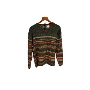 Vtg 90s Erika & Co Vintage V-Neck Knit Sweater Green Red womens Fair Isle L prep
